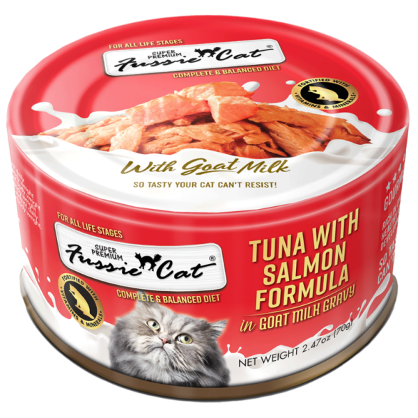 Fussie Cat Premium Tuna with Salmon Formula in Goat Milk Gravy Canned Cat Food Discount